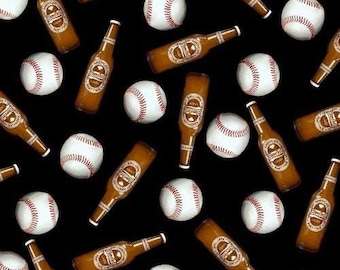 Windham Fabrics One of a Kind Beer & Baseballs Tossed on Black Premium Quality 100% Cotton Fabric (M373)