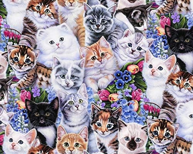 David Textiles Packed Kitten & Flowers Multicolor Premium Quality 100% Cotton Fabric (DA137)