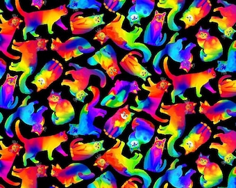 Timeless Treasures Rainbow Pets Bright Rainbow Tossed Cats Black Premium Quality 100% Cotton Fabric (TT796CC)