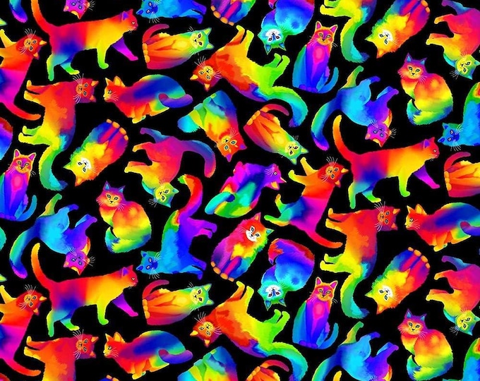 Timeless Treasures Rainbow Pets Bright Rainbow Tossed Cats Black Premium Quality 100% Cotton Fabric (TT796CC)