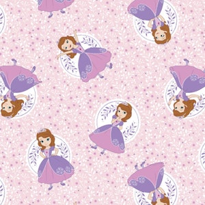 May include: A seamless pattern featuring a cartoon princess in a purple and pink dress with a crown. The princess is surrounded by white flowers and leaves on a pink background.