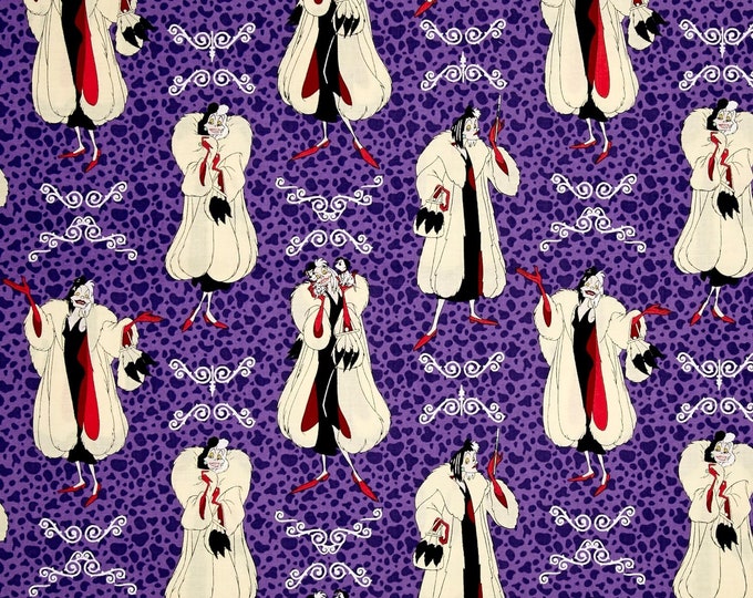 Camelot Fabrics Disney Villains Cruella de Vil Amethyst Premium Quality 100% Cotton Fabric (CA202)