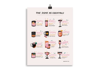 The Signs As Cocktails Art Print Poster, Zodiac Signs, Astrology