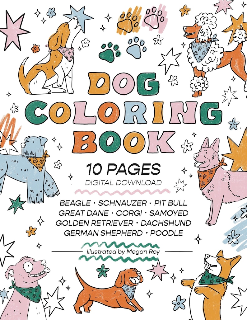 Cover of a dog themed coloring book with the title information and cute colored dog illustrations.