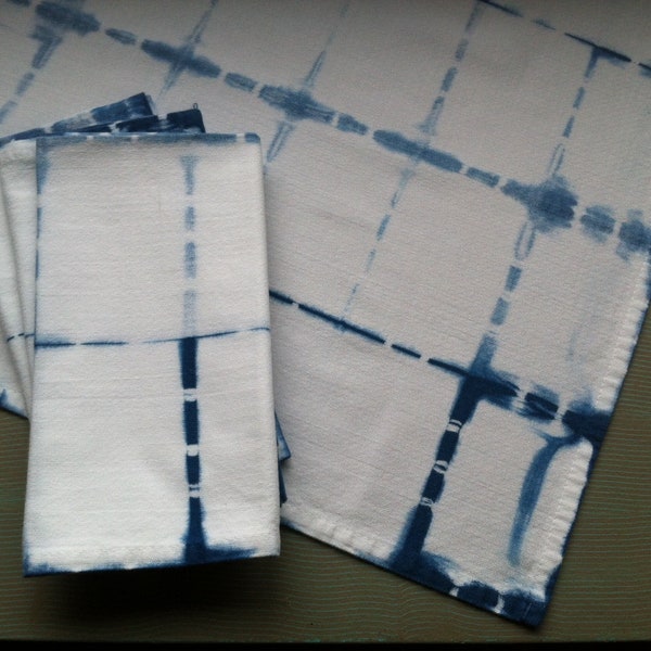 Four Shibori cotton dinner napkins indigo hand dyed windowpane design