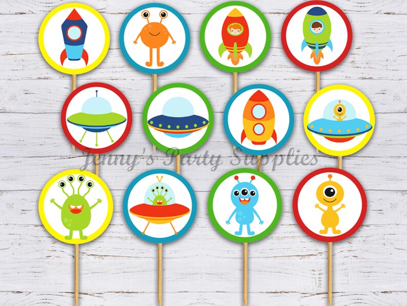Alien Birthday Party Supplies and Decorations Outerspace Toppers 12 6 18 Alien Cupcake Toppers for Outer Space Theme Birthday Party