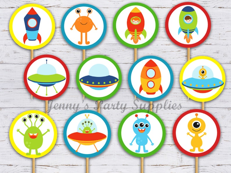 Alien Birthday Party Supplies and Decorations Outerspace Toppers 12 6 18 Alien Cupcake Toppers for Outer Space Theme Birthday Party