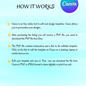 Puede incluir: Un icono de estrella amarilla con el texto "HOW IT WORKS" en negro encima. Debajo del icono de la estrella hay una descripci&oacute;n de c&oacute;mo usar Canva para editar y dise&ntilde;ar plantillas. El texto incluye las palabras "archivo PDF", "Etsy", "Canva", "escritorio", "port&aacute;til", "dispositivos m&oacute;viles", "JPEG" y "imprimirlo tambi&eacute;n".