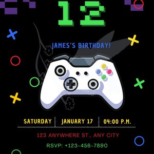 May include: Black invitation with the text "LEVEL UNLOCK 12" in white and green pixelated font. A white game controller is centered, with colourful buttons. The invitation includes the date, time, and RSVP information.