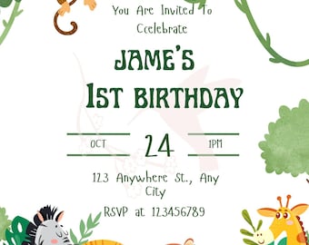 Wild One Jungle Invite, Editable Canva Template