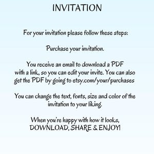 Puede incluir: Gr&aacute;fico de invitaci&oacute;n con instrucciones sobre c&oacute;mo comprar, descargar, editar y compartir una invitaci&oacute;n PDF imprimible. El texto dice "INVITACI&Oacute;N", "Para su invitaci&oacute;n, siga estos pasos: Compre su invitaci&oacute;n.", "Recibir&aacute; un correo electr&oacute;nico para descargar un PDF con un enlace, para que pueda editar su invitaci&oacute;n. Tambi&eacute;n puede obtener el PDF yendo a etsy.com/your/purchases", "Puede cambiar el texto, las fuentes, el tama&ntilde;o y el color de la invitaci&oacute;n a su gusto.", "Cuando est&eacute; satisfecho con su aspecto, DESCARGUE, COMPARTE y DISFRUTE!"
