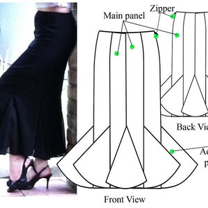 May include: A black, floor-length skirt with a flared hem, paired with black high-heeled sandals. The skirt design is shown in a diagram, labeled with terms like "Main panel," "Zipper," and "Additional panel," illustrating the front and back views.