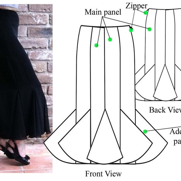 Gored skirt – PDF sewing pattern – Godet maxi skirt– Women's sewing pattern. Sizes 4, 6, 8, 10.