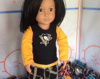 Pittsburgh PENGUINS ! 18 inch Doll Clothes ,Handmade,Fits All 18 inch Dolls,2 pc Outfit  Color: Black and Yellow