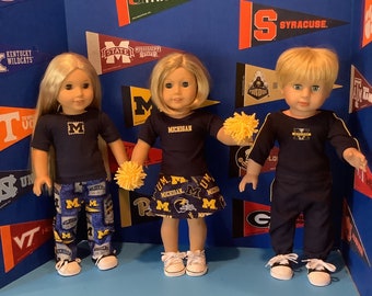 Universidad de Michigan, Wolverines, ropa para muñecas de 18 pulgadas, hecha a mano, se adapta a todas las muñecas de 18 pulgadas, conjunto de fútbol universitario de 2 piezas