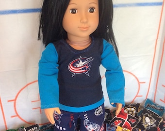 Columbus BLUE JACKETS ! 18 inch Doll Clothes ,Handmade ,Fits  All 18 Inch Dolls, 2 pc Hockey outfit