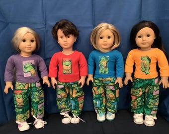 Turtles! TMNT! Character Print Pajamas! Handmade 18 Inch Doll Clothes