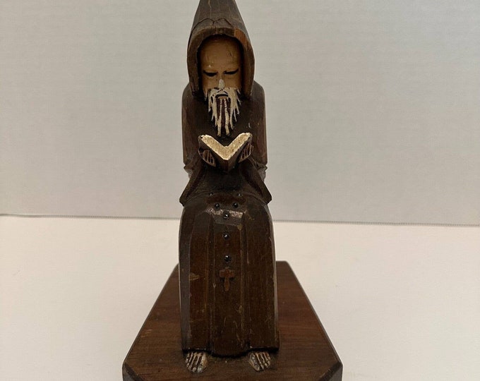 Vintage Wood Carved Monk Priest Reading Praying Religious Folkart