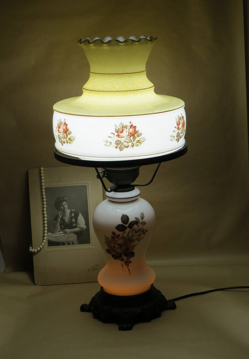 Hurricane Lamp Large Double Globe Vintage Old Fashioned Glass Brown Flowers Milk