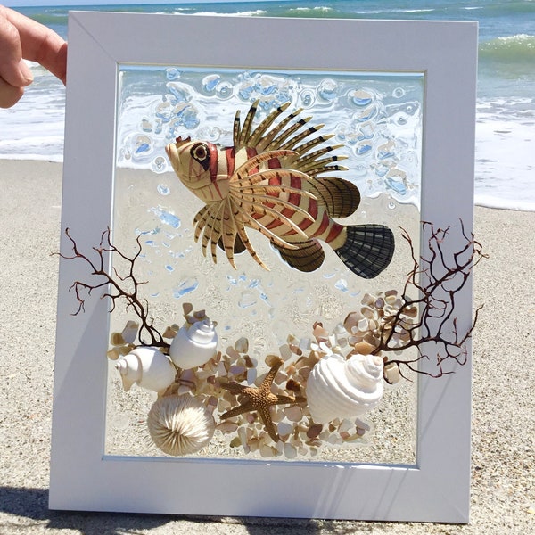 Tropical fish art, Beach glass art, gift ideas, coastal wall decor, beach wall decor, seashell art, one of a kind gift, tropical fish decor