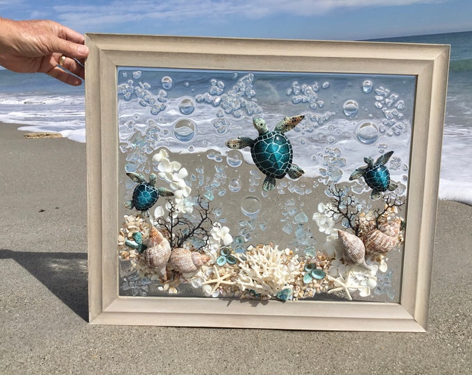 Sea Turtle Art Sea Glass Art Turtle in Resin Coastal Wall Etsy