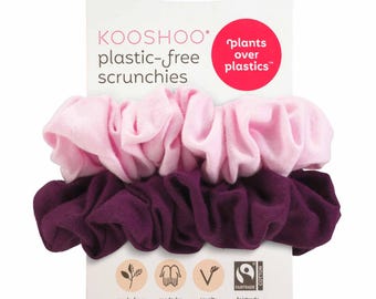 Elastici per capelli KOOSHOO senza plastica - Rosa e Prugna. Zero sprechi, cotone biologico, ricavati da piante. Commercio equo e solidale, prodotti eticamente per tutti i tipi di capelli.