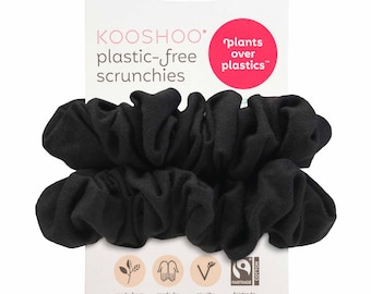 KOOSHOO 2 pack Black Plastic-Free Scrunchies - Zero-Waste, Organic Cotton, Made from Plants. Fair Trade, Ethically Made for All Hair Types