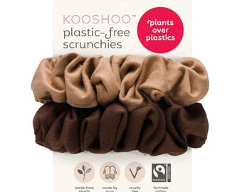 KOOSHOO Plastic-Free Scrunchies - Zero-Waste, Brown Organic Scrunchie Set Made from Plants. Fair Trade, Ethically Made for All Hair Types