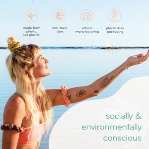 May include: A woman in a pink bikini top stands on a beach with her arm outstretched towards the water. The text "socially & environmentally conscious" is written in green on a white background. Four icons are shown above the woman, each with a different symbol and text. The icons represent the following: made from plants, not plastic; non-toxic dyes; ethical manufacturing; plastic-free packaging.