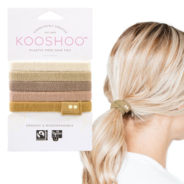 KOOSHOO Plastic-Free Blond Hair Ties - Organic Cotton Hair Elastics - Washable, Durable, Gentle Hair Bands Made from Plants. Zero-Waste 5ct