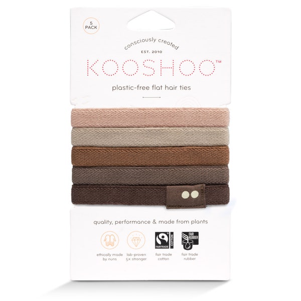 KOOSHOO Plastic-Free Hair Ties - Organic Cotton Hair Elastics. Machine Washable, Durable, Made from Plants. Zero-Waste, Earth Colors - 5ct