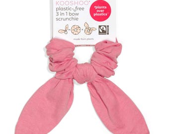 Elastico per capelli 3 in 1 in raso rosa con fiocco / Elastico con fiocco, elastico classico e fermacapelli con fiocco. Ecologico, in cotone biologico, con nodo a fiocco.