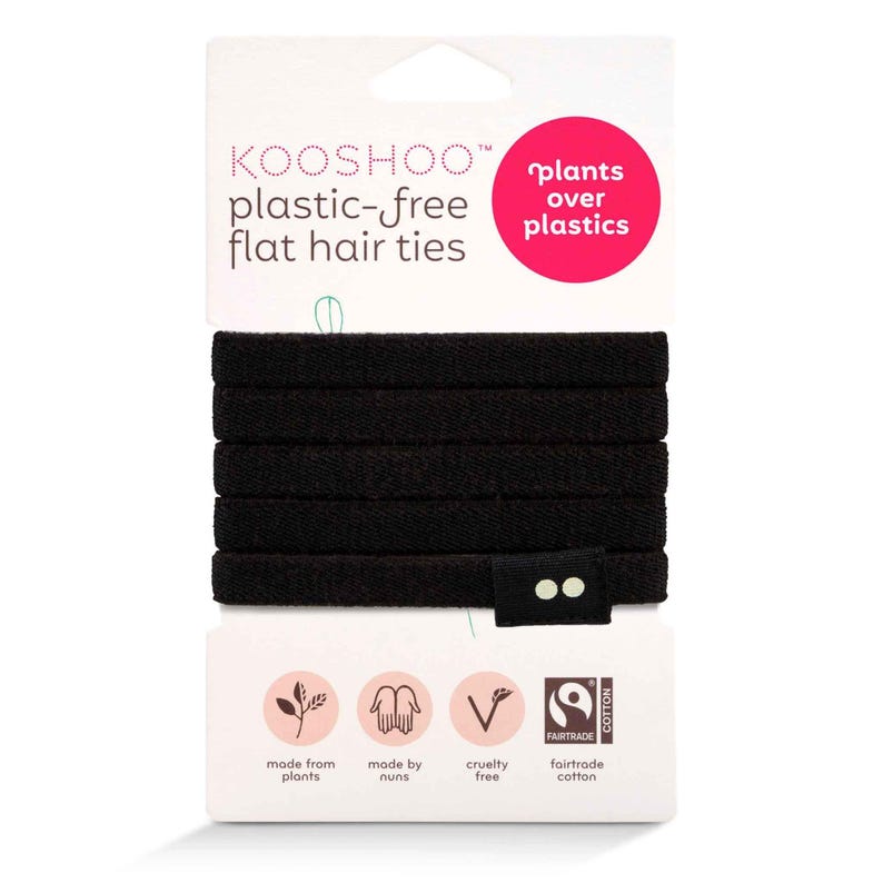 KOOSHOO Plastic-Free Flat HAIR TIES | Organic Cotton, Eco-Friendly Wide Hair Elastics. Best Hair Bands for Thin, Medium, Thick, Curly Hair Black