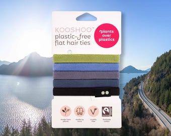 Flat Hair Ties – Strong, No-Crease, Long-Lasting Hair Elastics, Organic Cotton, Plastic-Free, Eco-friendly, Washable. KOOSHOO Sea to Sky 5ct