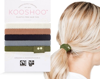 KOOSHOO Plastic-Free Hair Ties - Organic Cotton Hair Elastics. Machine Washable, Durable, Made from Plants. Zero-Waste, Neutral Colors - 5ct