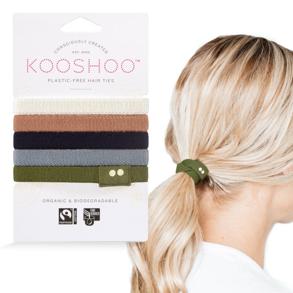 KOOSHOO Plastic-Free Hair Ties - Organic Cotton Hair Elastics. Machine Washable, Durable, Made from Plants. Zero-Waste, Neutral Colors - 5ct