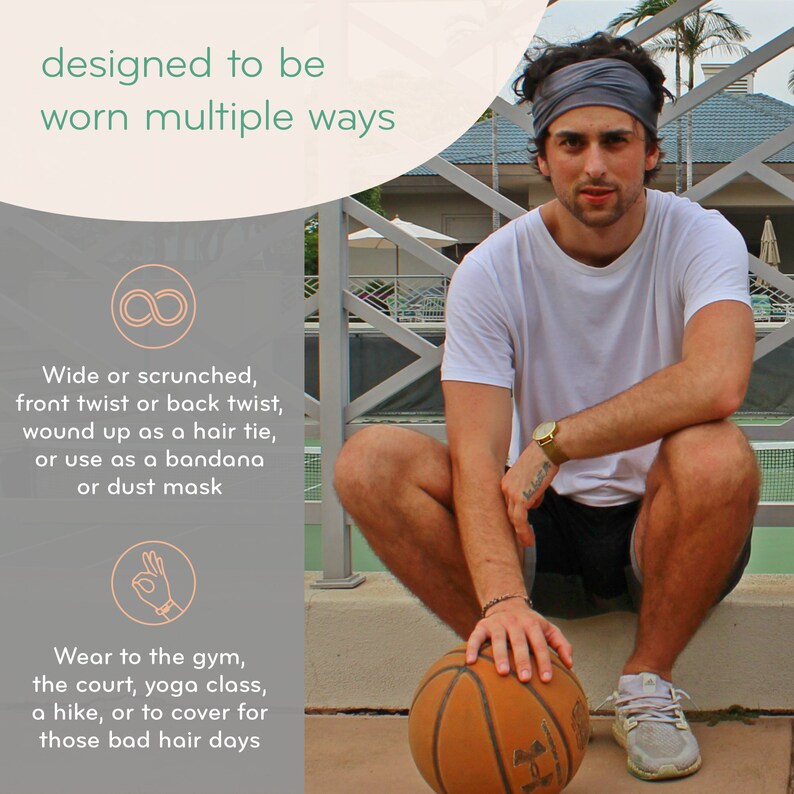 May include: A grey headband worn as a hair accessory. The image shows a person wearing the headband, with text describing multiple ways to wear it, including as a hair tie or dust mask. The headband is designed for various activities.