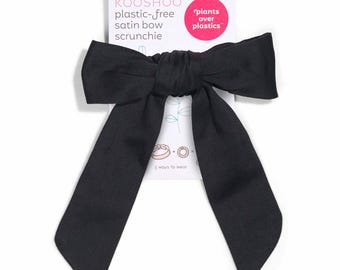 Elastico per capelli 3 in 1 in raso nero con fiocco: foulard, elastico sottile e fermacapelli con fiocco. Ecologico, in cotone biologico.