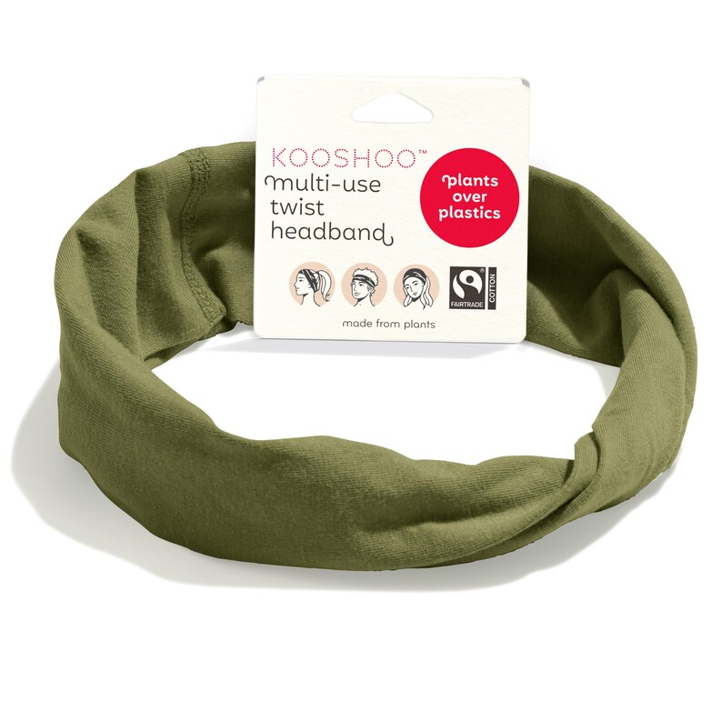 May include: An olive green multi-use twist headband. The headband is made from plants and has the text "KOOSHOO multi-use twist headband" on the packaging. The packaging also includes the text "plants over plastics".