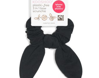 Elastico per capelli 3 in 1 in raso nero con fiocco / Elastico con fiocco, elastico classico e fermacapelli con fiocco. Ecologico, in cotone biologico, con nodo a fiocco.