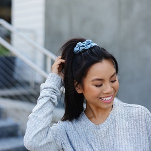 May include: A woman with long dark hair tied up in a ponytail with a blue scrunchie, wearing a light gray sweater.