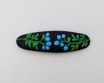 Black hair clip with blue flowers, handmade embroidery