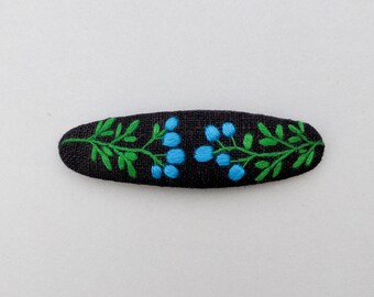 Barrette de cheveux noire aux fleurs bleues, broderie faite main