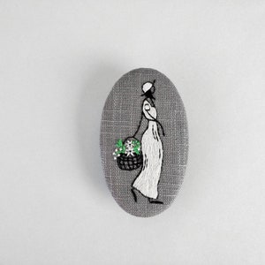 Large gray brooch, embroidery girl and her basket of flowers image 1