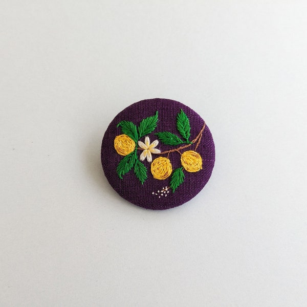 Brooch with lemon tree branch embroidery, hand-embroidered textile accessory