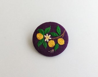 Brooch with lemon tree branch embroidery, hand-embroidered textile accessory