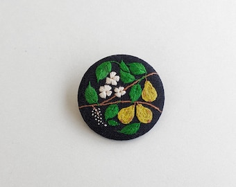 Brooch with pear tree branch embroidery, hand embroidered accessory