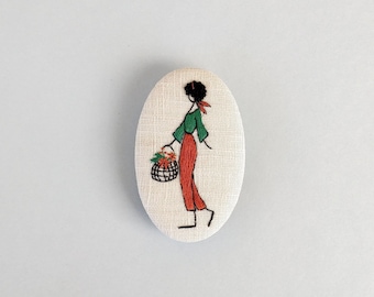 Large beige brooch, girl embroidery and its basket of flowers