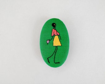 Large green brooch, embroidery girl and her hat