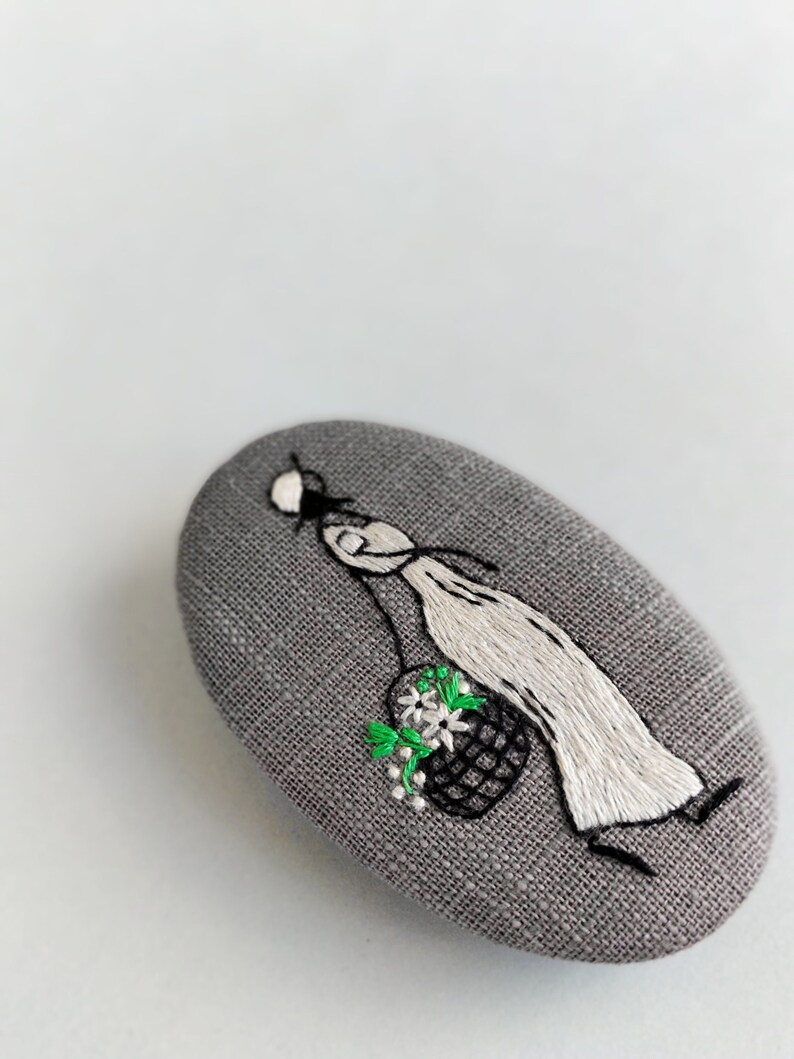 Large gray brooch, embroidery girl and her basket of flowers image 4